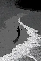 Midjourney generated image using SREF code Monoloom: A man walking on the beach with a guitar.