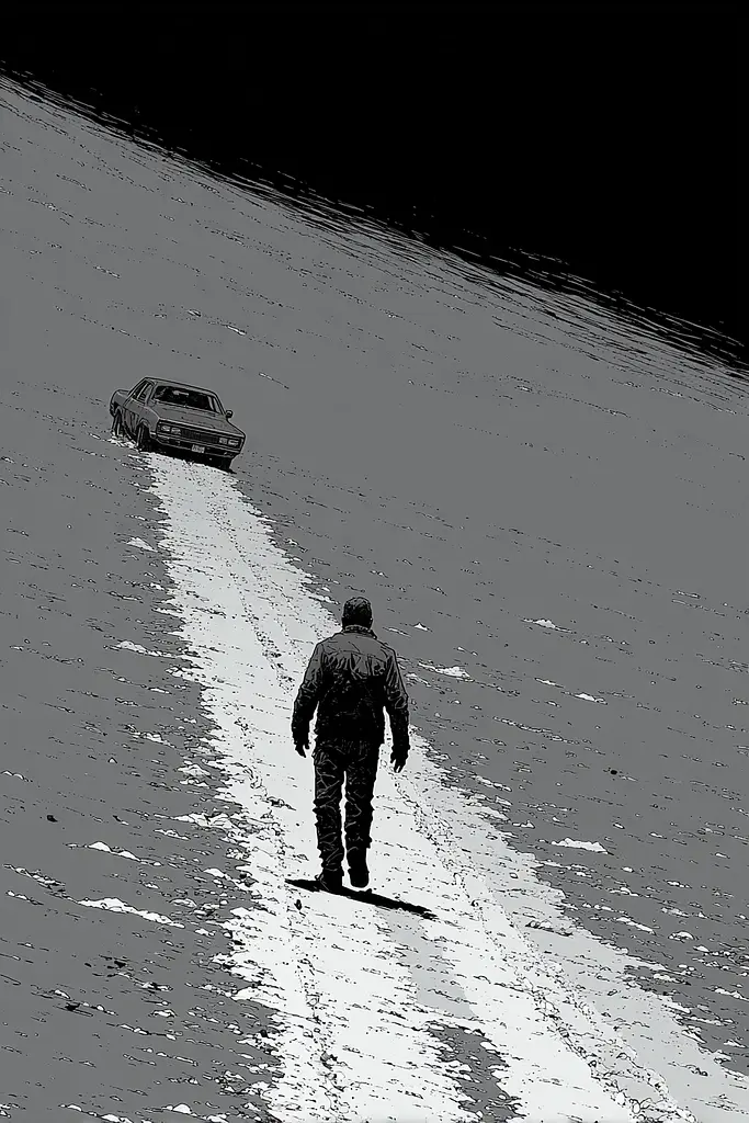 Midjourney generated image using SREF code Monoloom: A man walking down a snow covered road next to a car.
