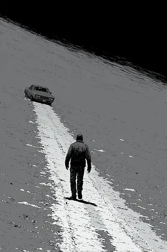 Midjourney generated image using SREF code Monoloom: A man walking down a snow covered road next to a car.