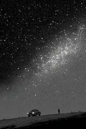 Midjourney generated image using SREF code Monoloom: A car is parked in the middle of a field under a starry sky.