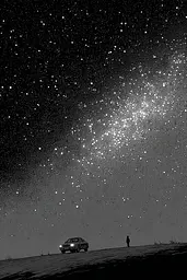 Midjourney generated image using SREF code Monoloom: A car is parked in the middle of a field under a starry sky.