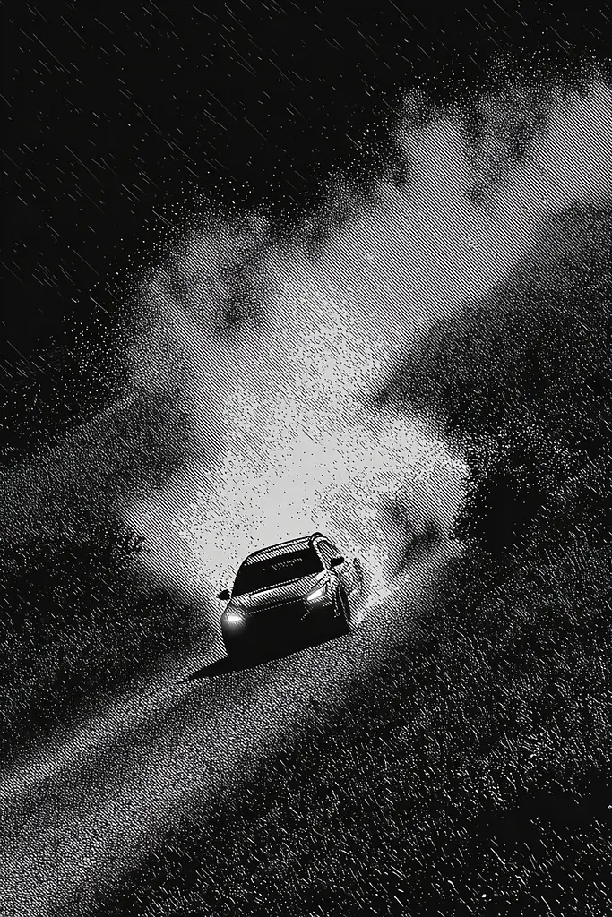 Midjourney generated image using SREF code Monoloom: A black and white photo of a car driving in the rain.