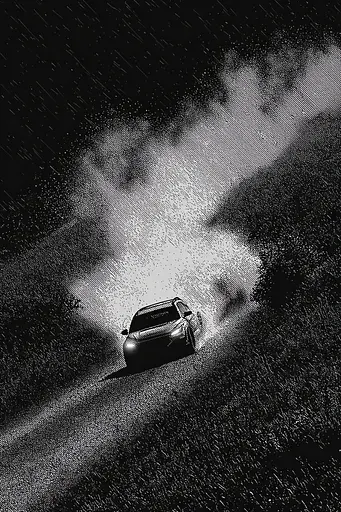 Midjourney generated image using SREF code Monoloom: A black and white photo of a car driving in the rain.