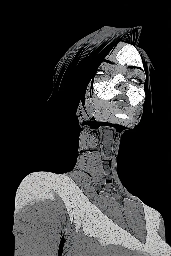 Midjourney generated image using SREF code Monoloom: A black and white drawing of a woman with a futuristic face.