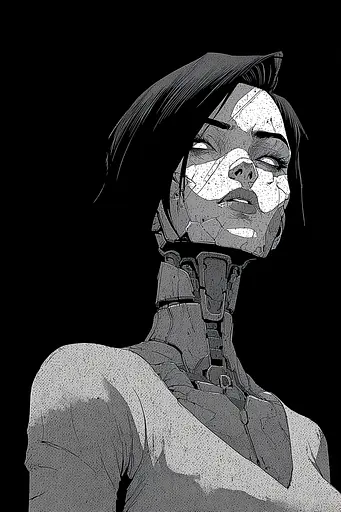 Midjourney generated image using SREF code Monoloom: A black and white drawing of a woman with a futuristic face.