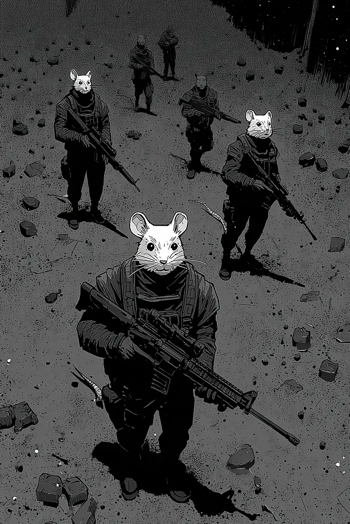 Midjourney generated image using SREF code Monoloom: A group of rats with rifles walking through a dark forest.