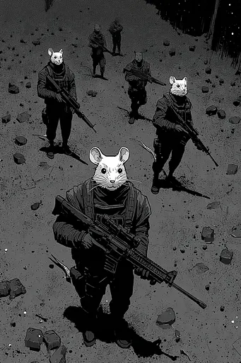 Midjourney generated image using SREF code Monoloom: A group of rats with rifles walking through a dark forest.