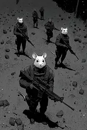Midjourney generated image using SREF code Monoloom: A group of rats with rifles walking through a dark forest.