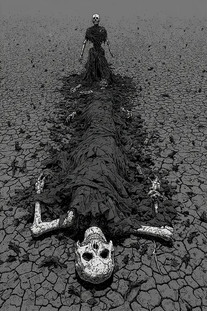 Midjourney generated image using SREF code Monoloom: A black and white illustration of a skeleton laying on the ground.