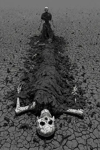 Midjourney generated image using SREF code Monoloom: A black and white illustration of a skeleton laying on the ground.