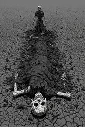 Midjourney generated image using SREF code Monoloom: A black and white illustration of a skeleton laying on the ground.