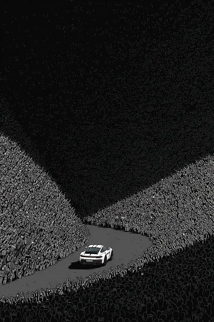Midjourney generated image using SREF code Monoloom: A car driving down a road in front of a large crowd.