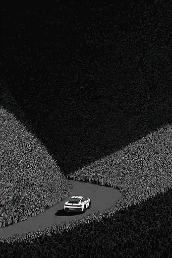 Midjourney generated image using SREF code Monoloom: A car driving down a road in front of a large crowd.