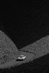 Midjourney generated image using SREF code Monoloom: A car driving down a road in front of a large crowd.
