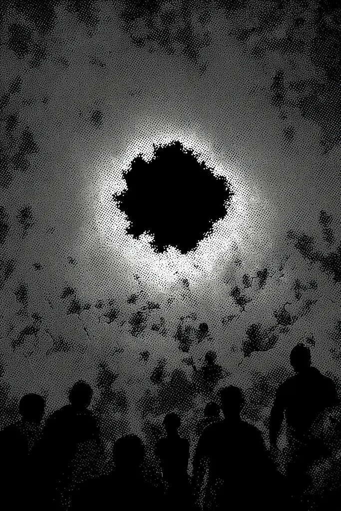 Midjourney generated image using SREF code Monoloom: A group of people standing in front of a black hole.