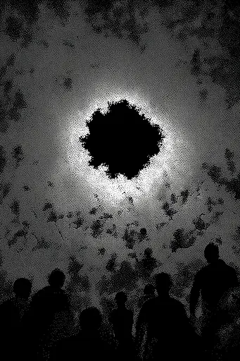 Midjourney generated image using SREF code Monoloom: A group of people standing in front of a black hole.