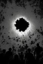 Midjourney generated image using SREF code Monoloom: A group of people standing in front of a black hole.
