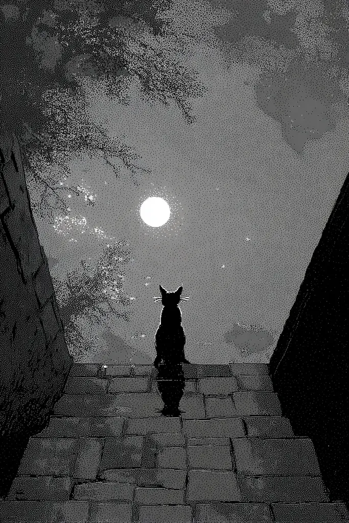 Midjourney generated image using SREF code Monoloom: A black cat sitting on the steps of a building looking at the moon.