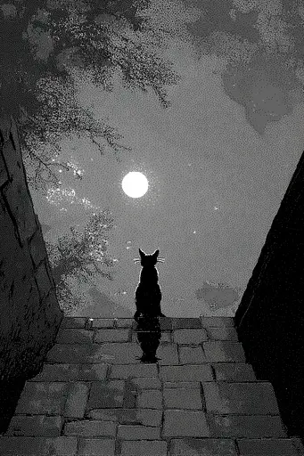Midjourney generated image using SREF code Monoloom: A black cat sitting on the steps of a building looking at the moon.