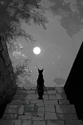 Midjourney generated image using SREF code Monoloom: A black cat sitting on the steps of a building looking at the moon.