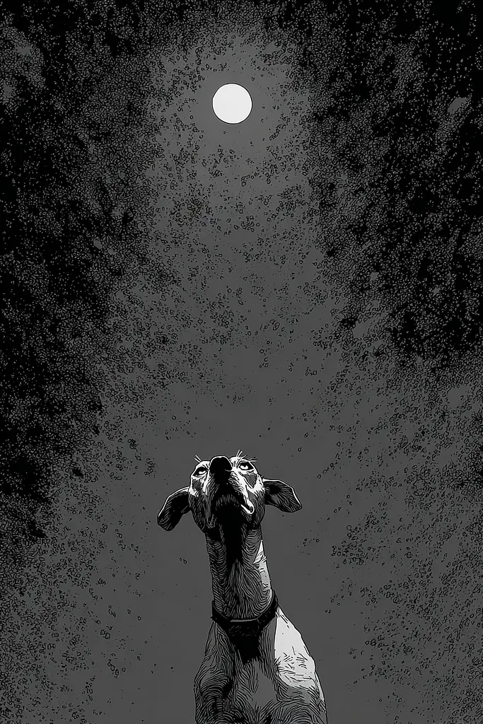 Midjourney generated image using SREF code Monoloom: A black and white drawing of a dog looking up at the moon.