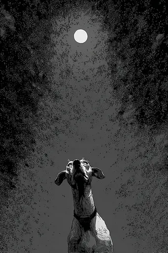Midjourney generated image using SREF code Monoloom: A black and white drawing of a dog looking up at the moon.