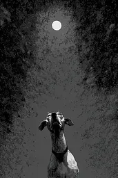Midjourney generated image using SREF code Monoloom: A black and white drawing of a dog looking up at the moon.