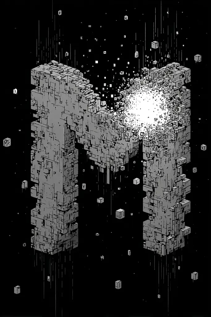 Midjourney generated image using SREF code Monoloom: A black and white illustration of a letter M surrounded by cubes.