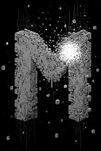 Midjourney generated image using SREF code Monoloom: A black and white illustration of a letter M surrounded by cubes.