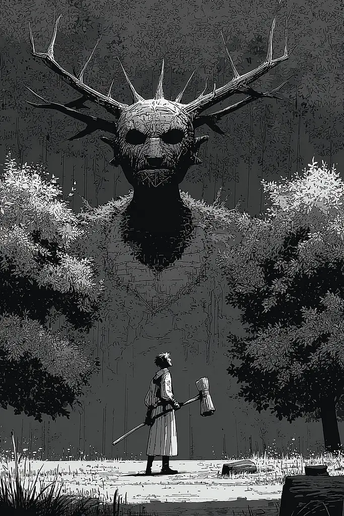 Midjourney generated image using SREF code Monoloom: A man standing in front of a giant monster with horns on his head.