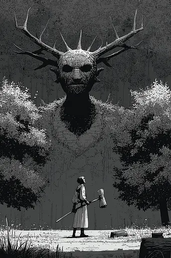 Midjourney generated image using SREF code Monoloom: A man standing in front of a giant monster with horns on his head.