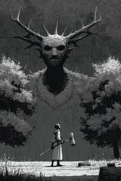 Midjourney generated image using SREF code Monoloom: A man standing in front of a giant monster with horns on his head.
