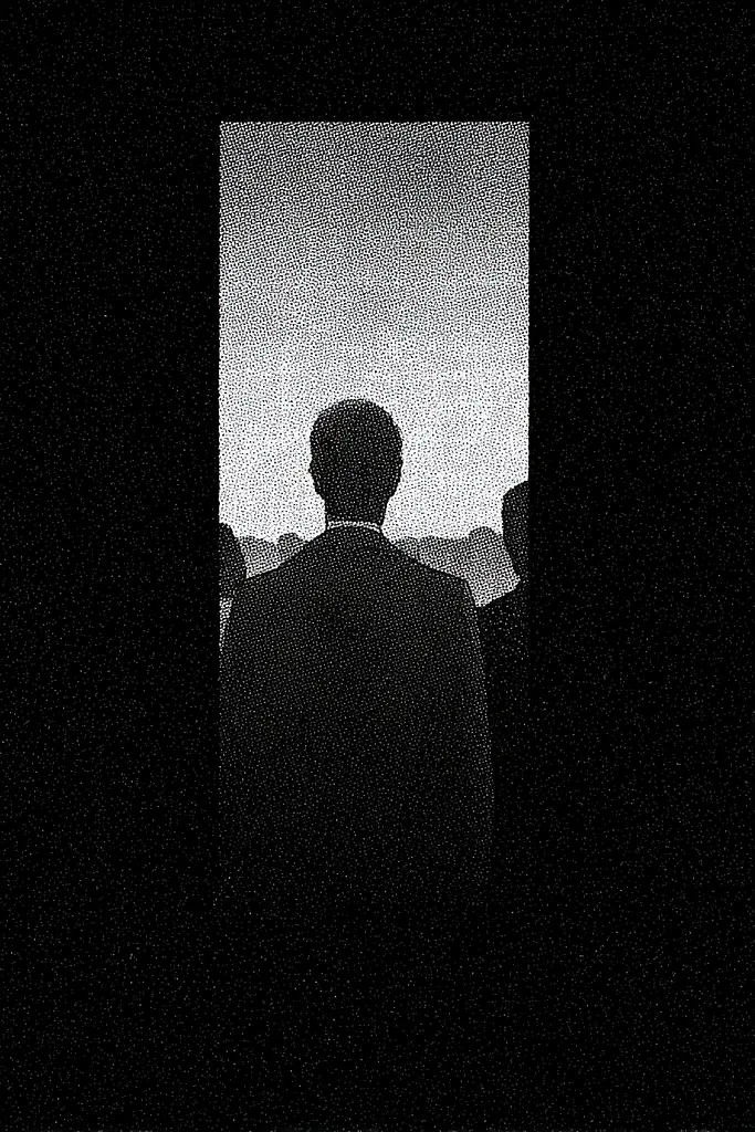Midjourney generated image using SREF code Monoloom: A man in a suit standing in front of a window.