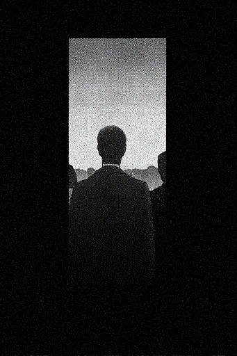 Midjourney generated image using SREF code Monoloom: A man in a suit standing in front of a window.