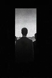 Midjourney generated image using SREF code Monoloom: A man in a suit standing in front of a window.