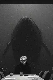Midjourney generated image using SREF code Monoloom: A man sitting at a table in front of a shark.