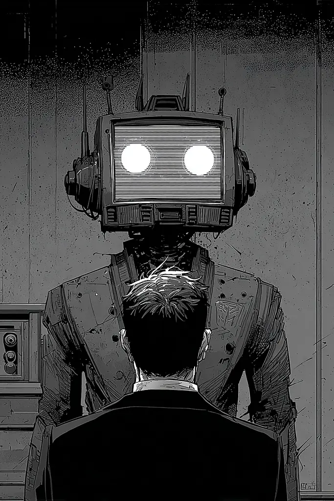Midjourney generated image using SREF code Monoloom: A man in a suit looking at a robot with a television on his head.