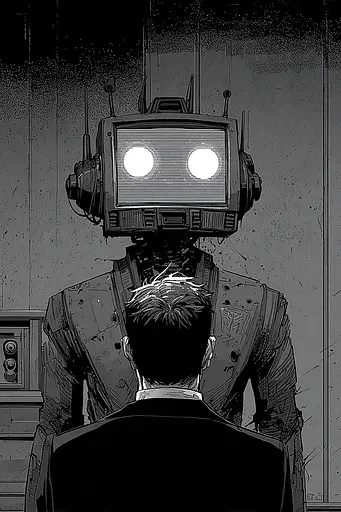 Midjourney generated image using SREF code Monoloom: A man in a suit looking at a robot with a television on his head.