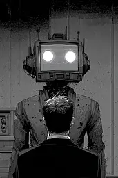 Midjourney generated image using SREF code Monoloom: A man in a suit looking at a robot with a television on his head.