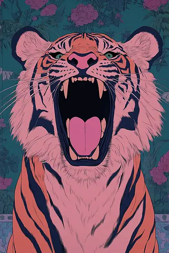 Midjourney generated image using SREF code Chromatic Mirage: A roaring tiger with its mouth open in front of a floral background.