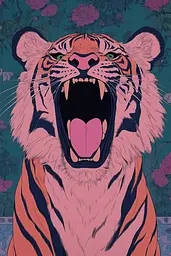 Midjourney generated image using SREF code Chromatic Mirage: A roaring tiger with its mouth open in front of a floral background.