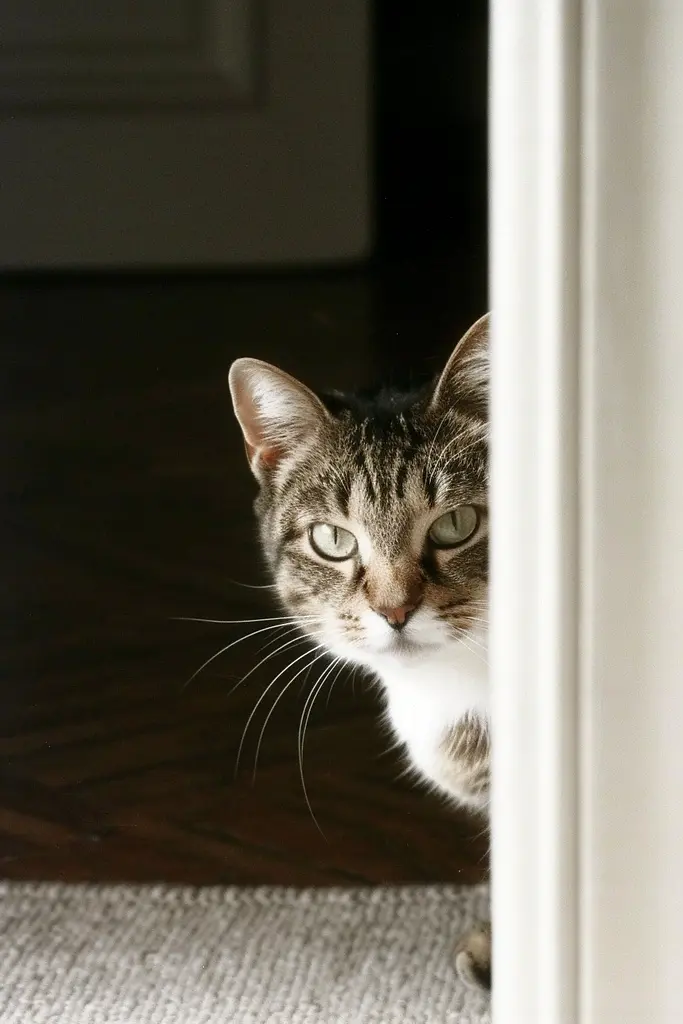 Midjourney generated image using SREF code Urban Solitude: A cat peeking out from behind a door. 