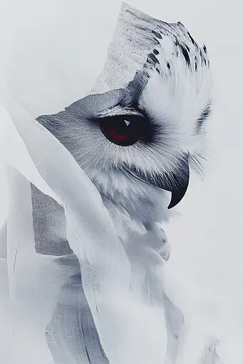 Midjourney generated image using SREF code Ethereal Echoes: A close up of an owl with red eyes peeking out from behind a white sheet.