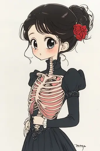 Midjourney generated image using SREF code Charming Chibi: A drawing of a girl in a black dress holding a skeleton.