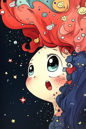 Midjourney generated image using SREF code Charming Chibi: A girl with red hair looking up at the stars.