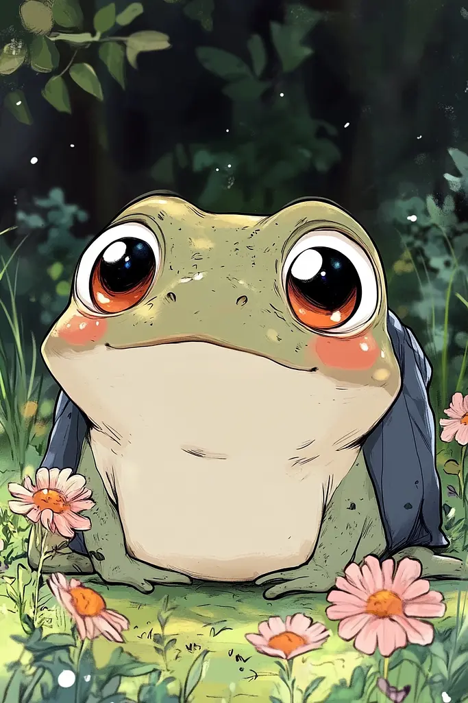 Midjourney generated image using SREF code Charming Chibi: A frog sitting in a field of flowers.