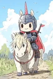 Midjourney generated image using SREF code Charming Chibi: A little boy riding on the back of a white horse.