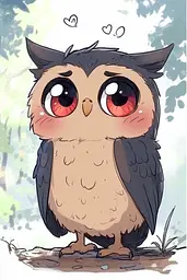 Midjourney generated image using SREF code Charming Chibi: A drawing of an owl with big red eyes.