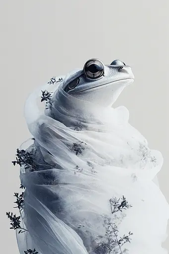 Midjourney generated image using SREF code Ethereal Echoes: A frog wrapped in a white tulle sitting on top of a plant.