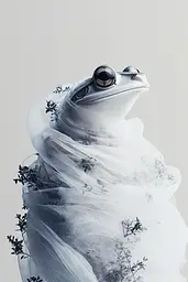 Midjourney generated image using SREF code Ethereal Echoes: A frog wrapped in a white tulle sitting on top of a plant.